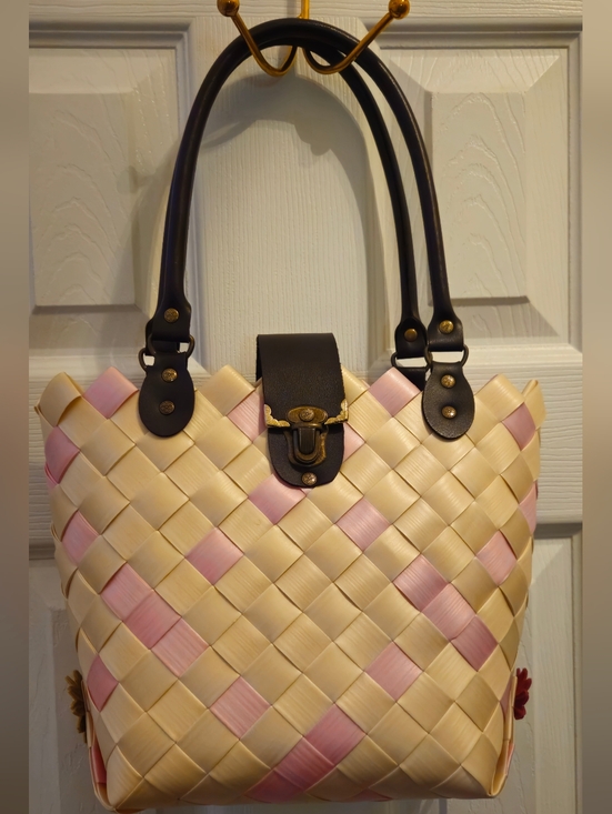 Handbags - Unbranded Woven Pink & Champagne Tote Bag with Dark Brown Faux Leather Handles